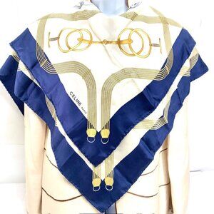 Vgt  Celine Paris Silk Satin Scarf  Lg 34" white beige blue  gold bow logo (57)